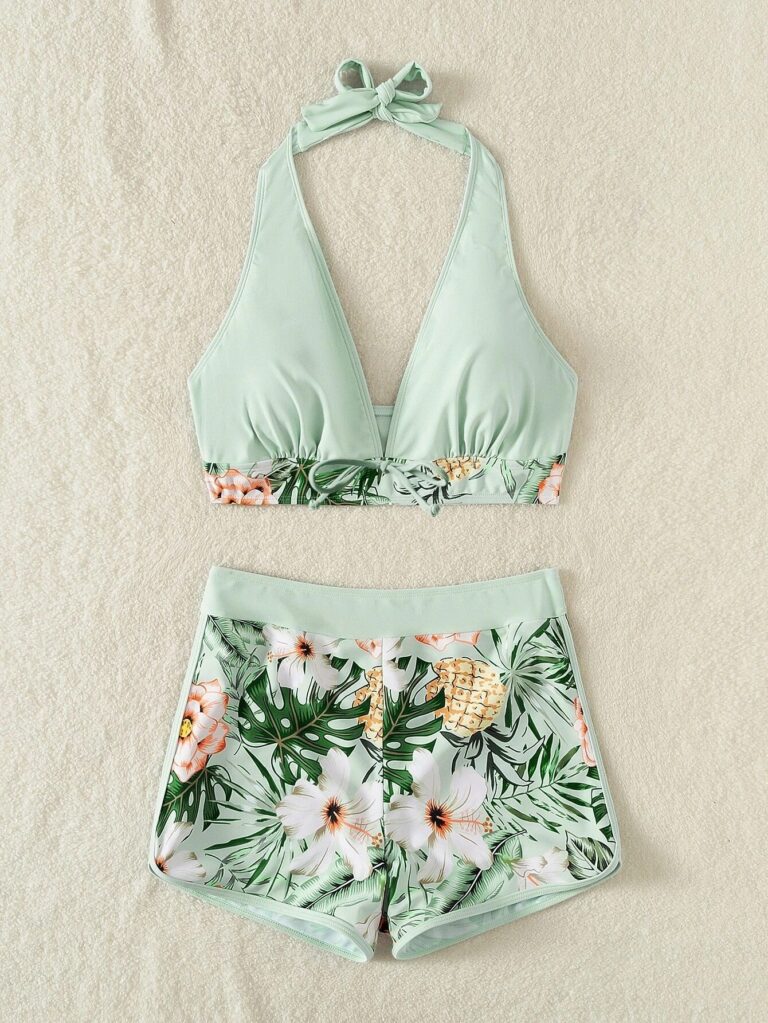 Women's Split High Waist Boxer Tie Print Solid Color Swimsuit – Image 2