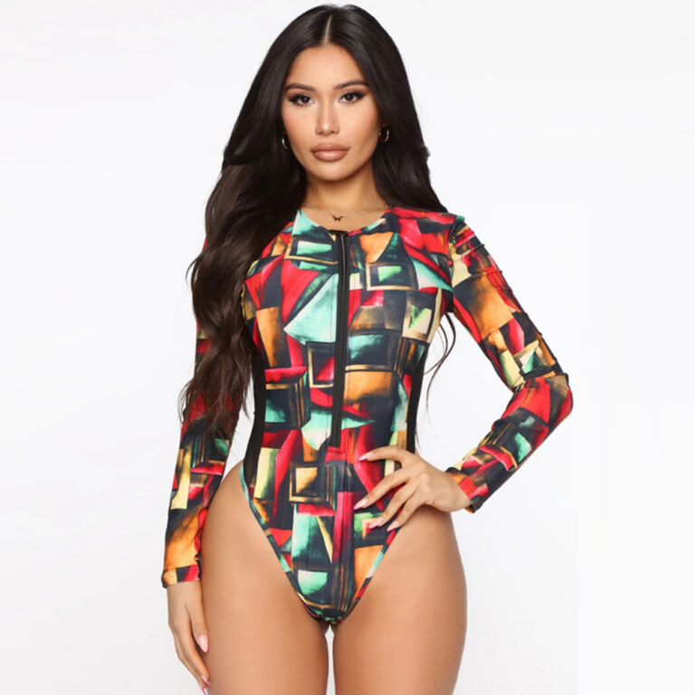 Maillot de bain une pièce à manches longues avec fermeture à glissière imprimé