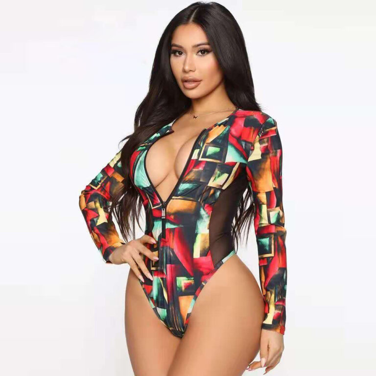 Print Zipper Long Sleeve One Piece Swimsuit – Image 3