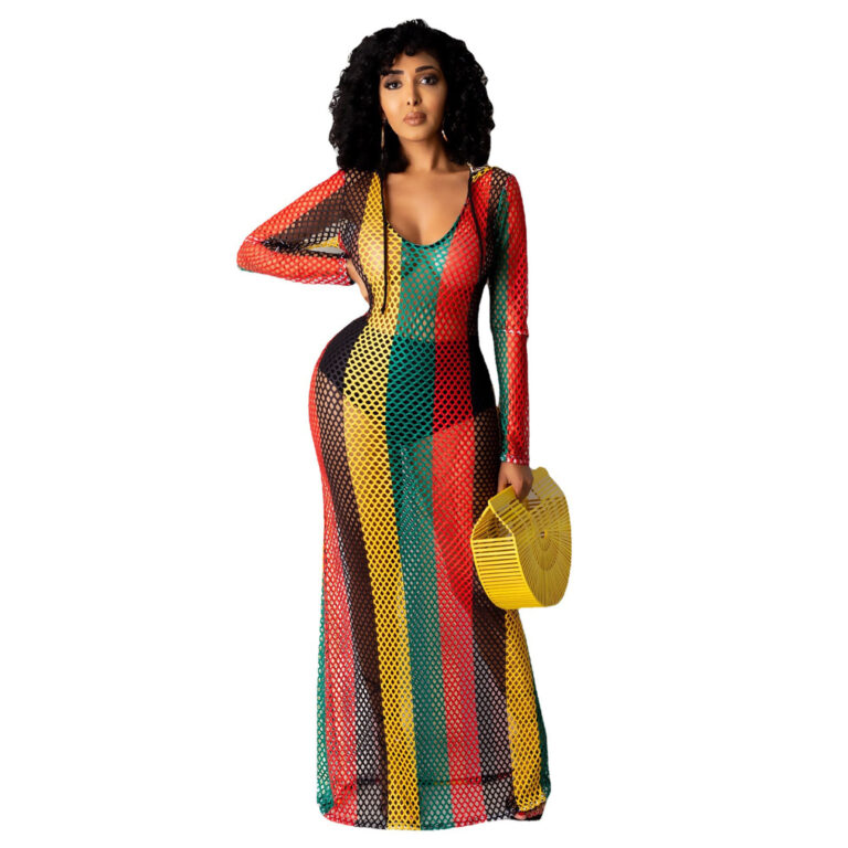 Hollow Perspective Color Mesh Beach Blouse Dress - Image 3