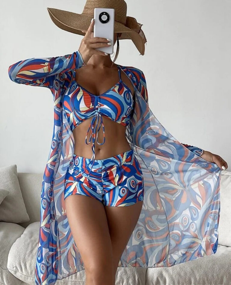 Swimsuit Female Split Three-piece Set High Waist Long Sleeve Smock Drawstring Suit - Image 5