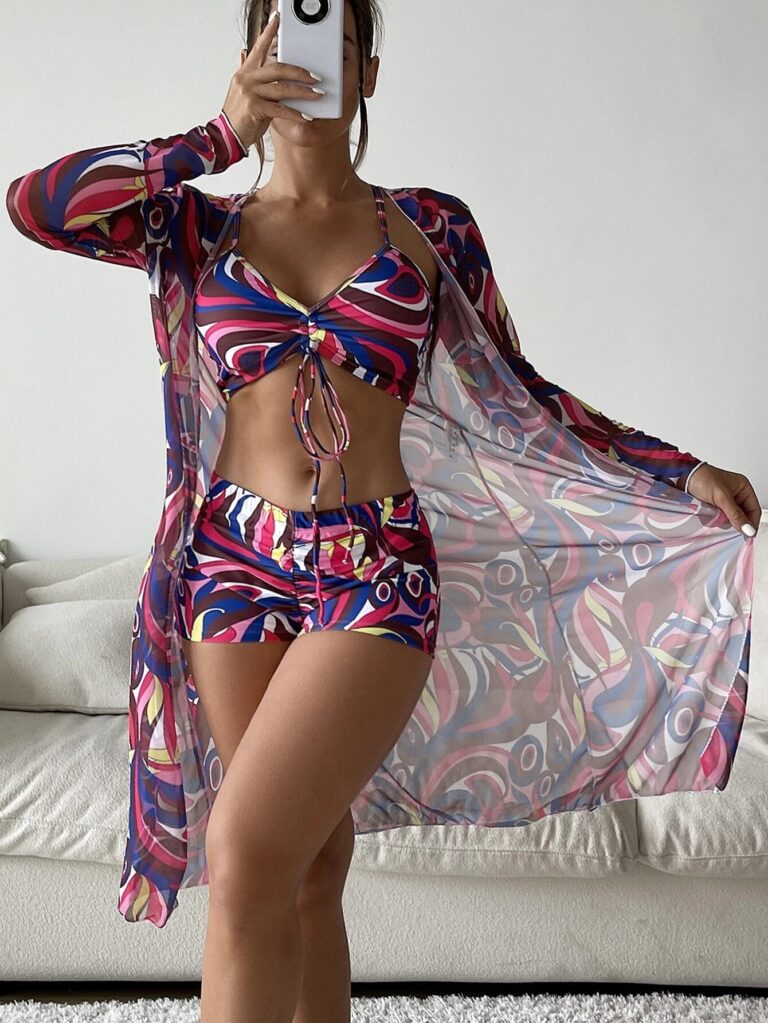 Swimsuit Female Split Three-piece Set High Waist Long Sleeve Smock Drawstring Suit - Image 6