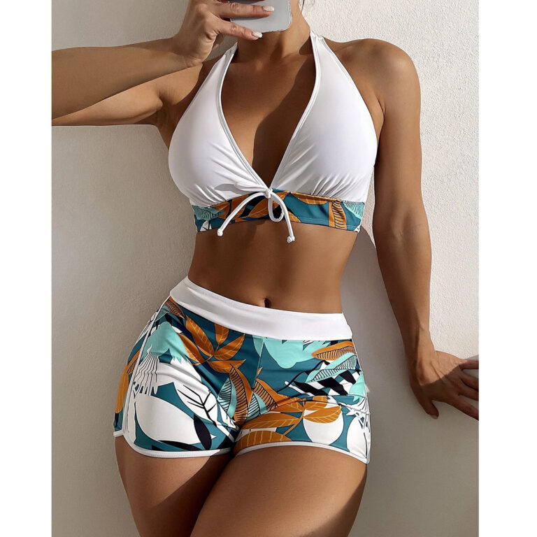 Women's Split High Waist Boxer Tie Print Solid Color Swimsuit – Image 6