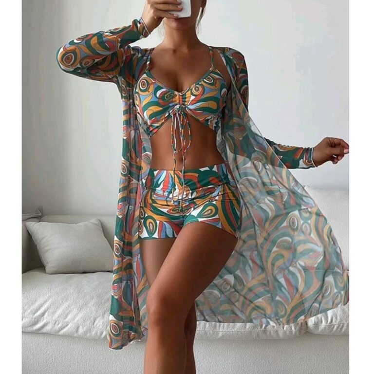Swimsuit Female Split Three-piece Set High Waist Long Sleeve Smock Drawstring Suit - Image 3