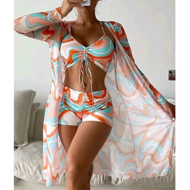 Swimsuit Female Split Three-piece Set High Waist Long Sleeve Smock Drawstring Suit - Image 7