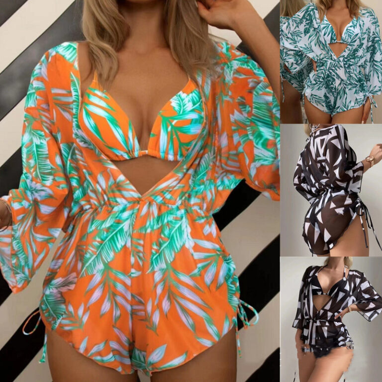 Three-piece Split Swimsuit Printed Ins Halter Lace-up Swimsuit - Image 7