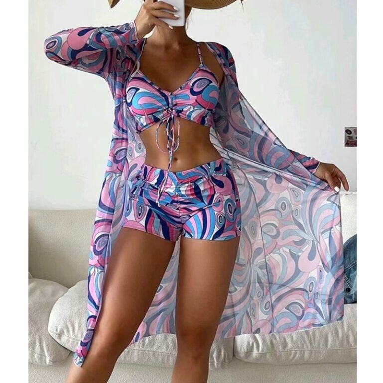 Swimsuit Female Split Three-piece Set High Waist Long Sleeve Smock Drawstring Suit - Image 4