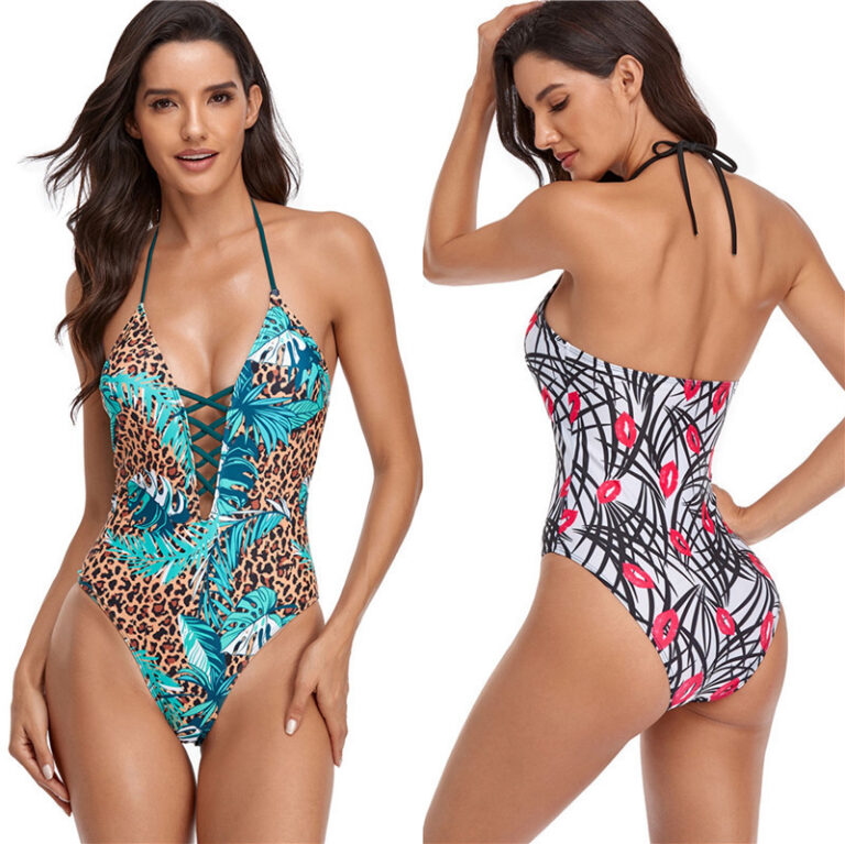 Maillot de bain une pièce triangle à bretelles croisées imprimé en numérique