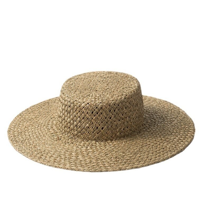 Handwoven seaweed flat top straw hat - Image 5