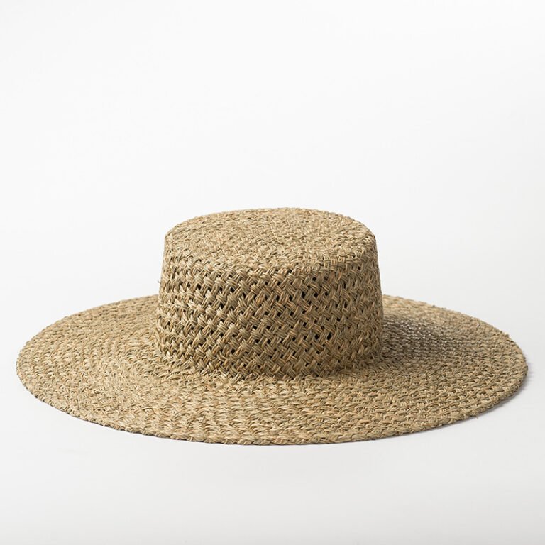 Handwoven seaweed flat top straw hat