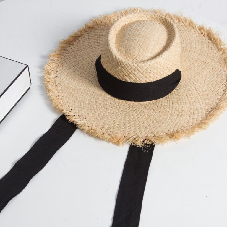 Raffia Grass Flat Top Raw Edge Binding Neck Sun Visor Hat Hand Braided Grass Hat – Image 3