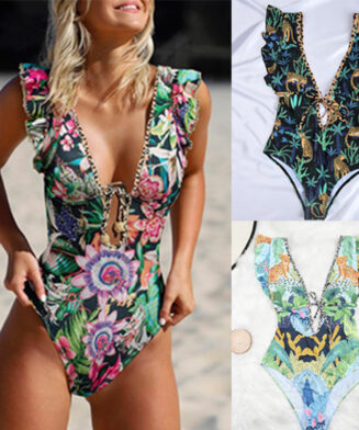 Strap Retro Digital Print Beach Swimsuit